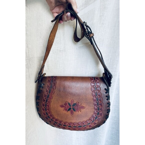 Vintage Mexican Leather Bag SIOUX Tooled Floral Boho Hippie Shoulder Crossbody - Picture 3 of 12